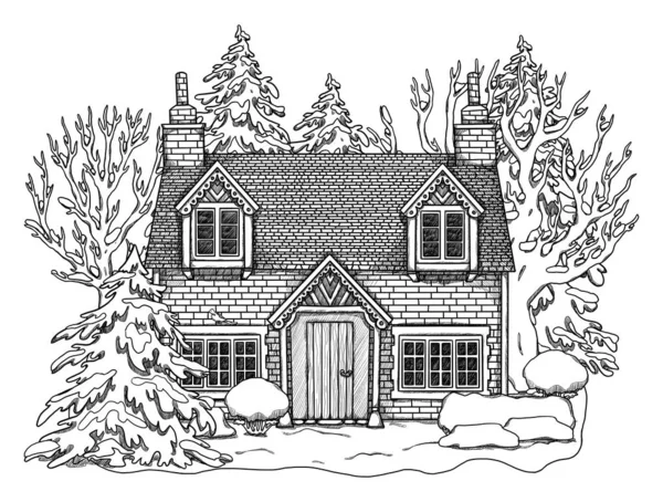 Hand Drawn Line Art Cozy House Forest Landscape Vacation Home — Stock Photo, Image