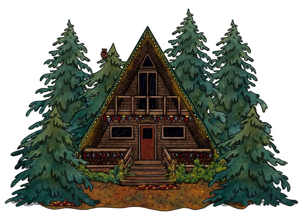 Ręcznie Rysowany Przytulny Dom Kolorowy Krajobraz Leśny Domy Wakacyjne Kwiatowym — Zdjęcie stockowe