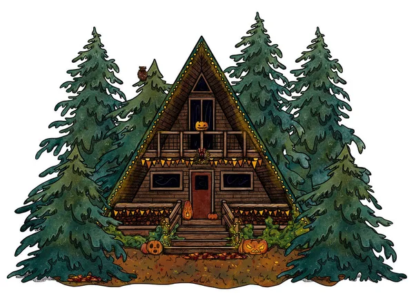 手绘万圣节彩绘舒适的房子 森林景观 在花卉景观中度假的家 木制和砖房 Gottagecore和Goblincore插图 乡间小木屋 — 图库照片