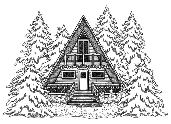Ручной Рисунок Декоративной Линии Искусства Уютного Дома Лесной Пейзаж Дом — стоковое фото