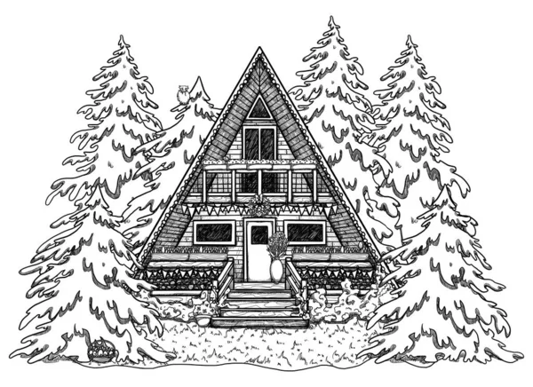 Ручной Рисунок Пасхальной Линии Художественный Уютный Дом Лесной Пейзаж Отдых — стоковое фото