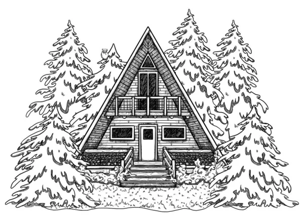 Hand Drawn Spring Line Art Cozy House Forest Landscape Vacation — Stock Photo, Image