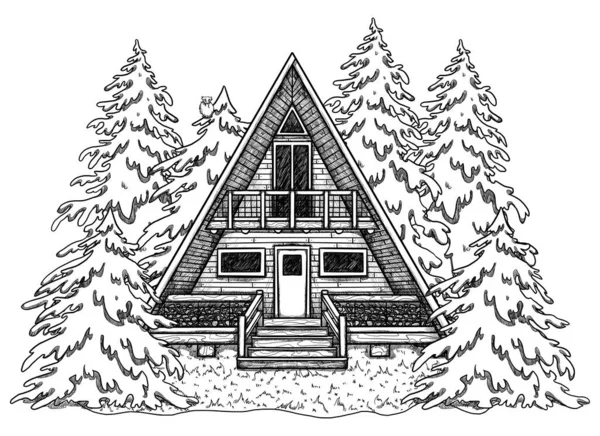 手绘线条艺术舒适的房子 森林景观 在花卉景观中度假的家 木制和砖房 Gottagecore和Goblincore插图 郊区的位置 小茅屋 — 图库照片