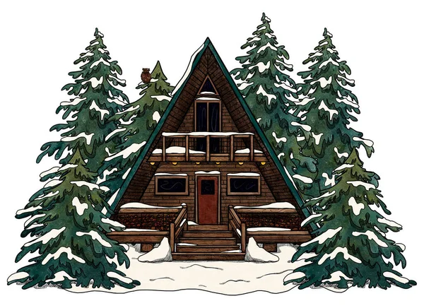 Handgezeichnetes Winterliches Gemütliches Haus Farbige Waldlandschaft Ferienhaus Der Blühenden Landschaft — Stockfoto