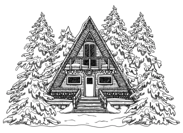 Hand-drawn Christmas cozy house. Line art forest landscape. Vacation home in the floral landscape. Wooden and brick house. Gottagecore and goblincore illustration. Countryside location. Fairy cottage