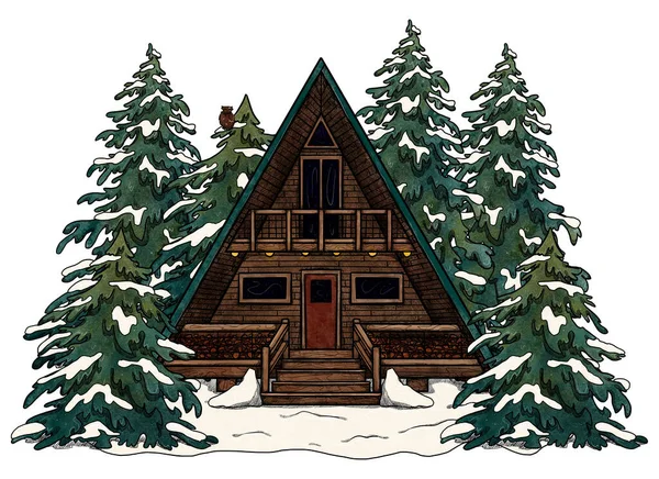 Ręcznie Rysowane Zimowe Dekoracyjne Przytulny Dom Kolorowy Krajobraz Leśny Domy — Zdjęcie stockowe