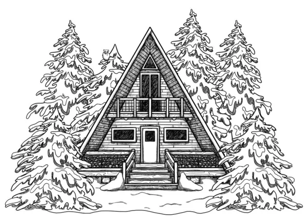 Ručně Kreslené Čáry Umění Útulný Dům Lesní Krajina Rekreační Dům — Stock fotografie