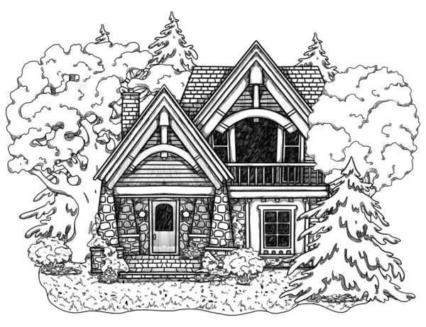 Hand Drawn Fall Lineart Cozy House Forest Landscape Vacation Home — Stock Photo, Image