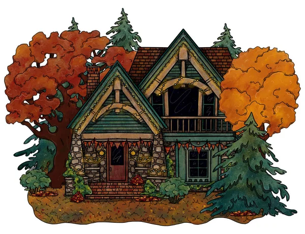 Handgezeichnetes Dekoratives Gemütliches Haus Farbige Waldlandschaft Ferienhaus Der Blühenden Landschaft — Stockfoto