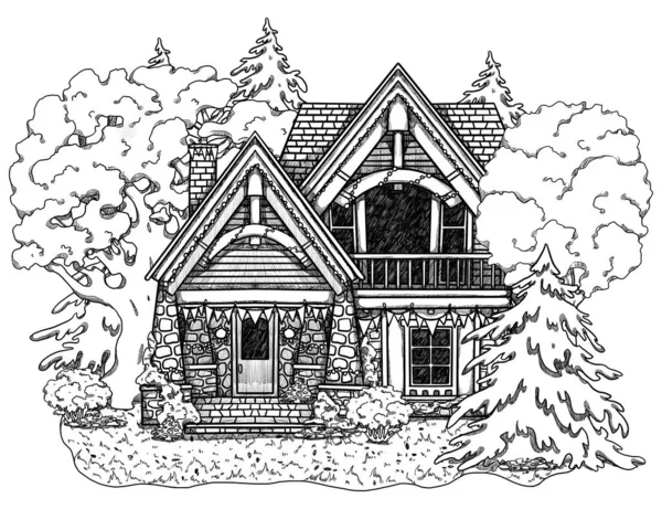 Handgezeichnete Dekorative Linienkunst Des Gemütlichen Hauses Waldlandschaft Urlaub Hause Florale — Stockfoto