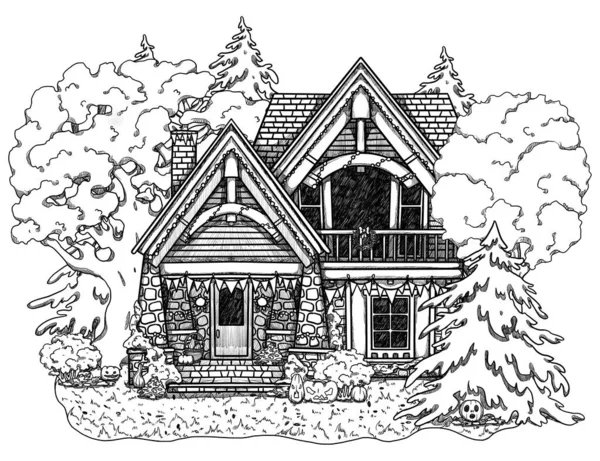 居心地の良い家の手描きのハロウィンラインアート 森の風景 花の風景の中に別荘 木造とレンガ造りの家 ゴタゴレとゴブリンコアのイラスト 田舎の妖精のコテージ — ストック写真