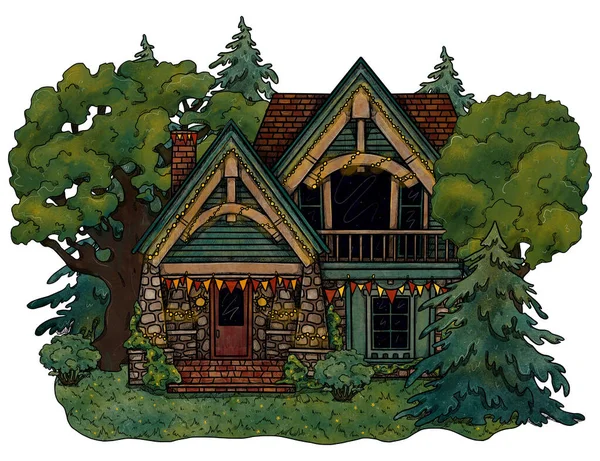 Casa Acogedora Decorativa Dibujada Mano Paisaje Forestal Colores Casa Vacaciones —  Fotos de Stock