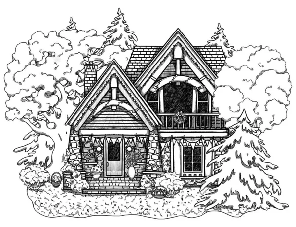 手描きイースターラインアート居心地の良い家 森の風景 花の風景の中に別荘 木造とレンガ造りの家 ゴタゴレとゴブリンコアのイラスト 田舎の場所だ 妖精の家 — ストック写真