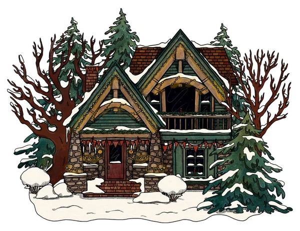 Handgezeichnetes Weihnachtliches Gemütliches Haus Farbige Waldlandschaft Ferienhaus Der Blühenden Landschaft — Stockfoto