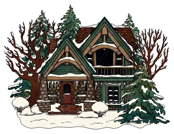 Hand Drawn Winter Cozy House Colored Forest Landscape Vacation Home — Stock Photo, Image