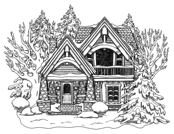 Ręcznie Rysowane Zimą Linii Sztuki Przytulny Dom Krajobraz Lasu Domy — Zdjęcie stockowe