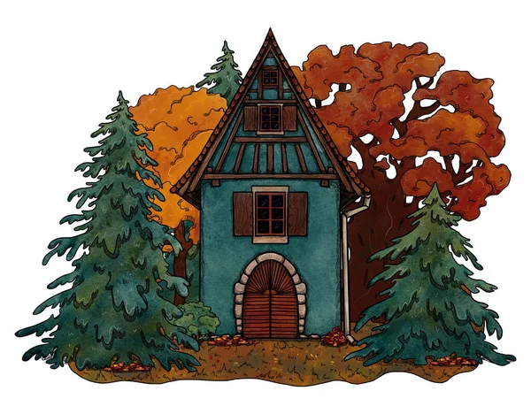 Casa Aconchegante Outono Desenhada Mão Paisagem Florestal Colorida Casa Férias — Fotografia de Stock
