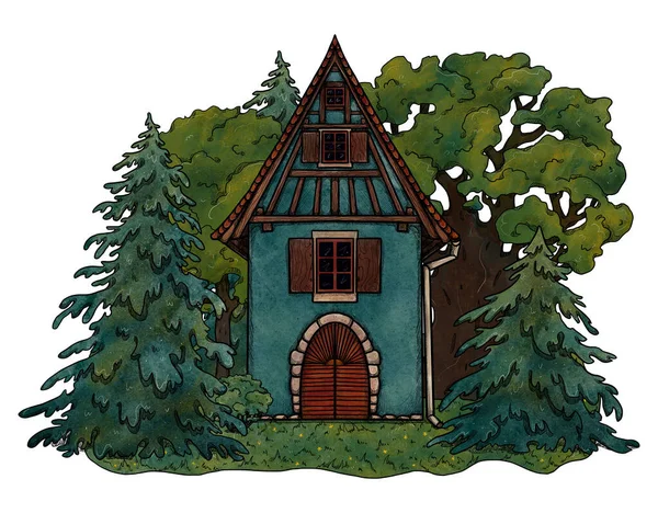 手绘舒适的房子 五彩斑斓的森林景观在花卉景观中度假的家 木制和砖房 Gottagecore和Goblincore插图 郊区的位置 小茅屋 — 图库照片