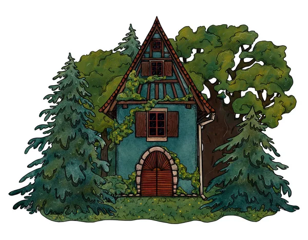 手绘春天舒适的房子 五彩斑斓的森林景观在花卉景观中度假的家 木制和砖房 Gottagecore和Goblincore插图 郊区的位置 小茅屋 — 图库照片