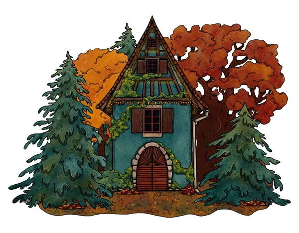 手描きの居心地の良い家 色の森の風景 花の風景の中に別荘 木造とレンガ造りの家 ゴタゴレとゴブリンコアのイラスト 田舎の場所だ 妖精の家 — ストック写真