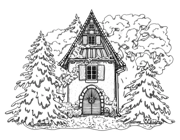 Ручной Рисунок Линии Хэллоуина Искусство Уютного Дома Лесной Пейзаж Отдых — стоковое фото