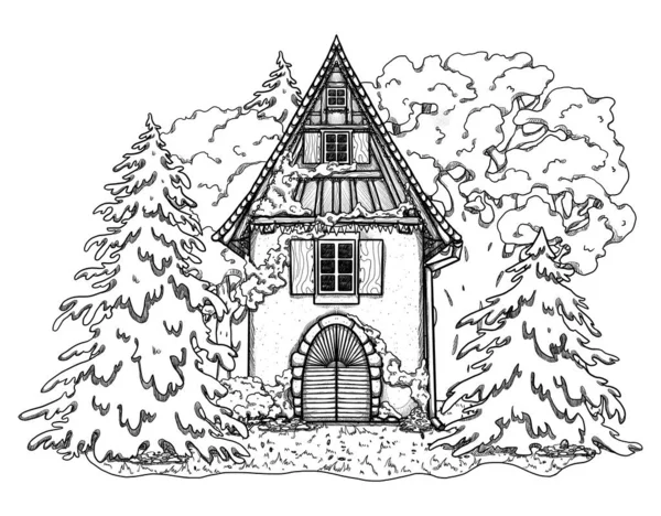 Ручной Рисунок Декоративной Линии Искусства Уютного Дома Лесной Пейзаж Дом — стоковое фото