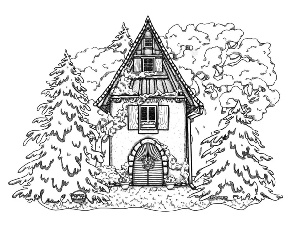 Dibujado Mano Línea Pascua Arte Acogedora Casa Paisaje Forestal Casa — Foto de Stock