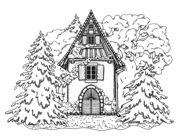 Hand Drawn Spring Line Art Cozy House Forest Landscape Vacation — Stock Photo, Image
