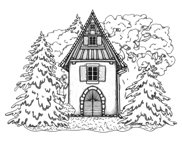手描きのラインアート居心地の良い家 森の風景 花の風景の中に別荘 木造とレンガ造りの家 ゴタゴレとゴブリンコアのイラスト 田舎の場所だ 妖精の家 — ストック写真