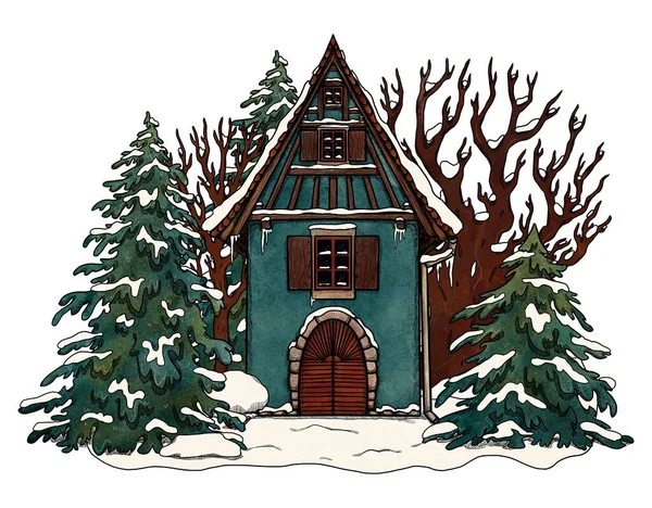 Casa Acogedora Invierno Dibujado Mano Paisaje Forestal Colores Casa Vacaciones — Foto de Stock