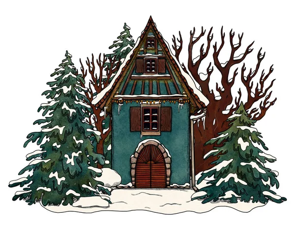 手绘装饰舒适的房子 五彩斑斓的森林景观在花卉景观中度假的家 木制和砖房 乡巴佬和哥白眼的例证 郊区的位置 小茅屋 — 图库照片