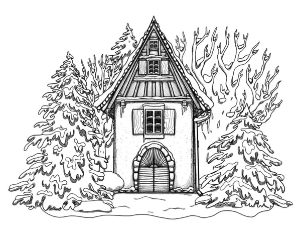 手绘冬季线条艺术舒适的房子 森林景观 在花卉景观中度假的家 木制和砖房 Gottagecore和Goblincore插图 郊区的位置 小茅屋 — 图库照片