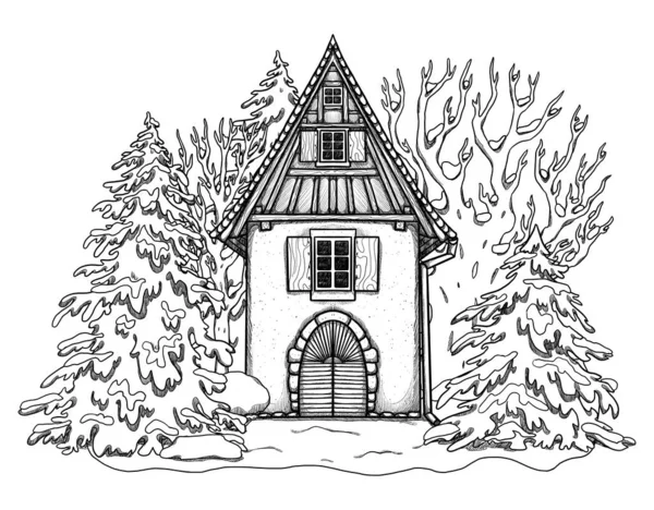 手绘线条艺术舒适的房子 森林景观 在花卉景观中度假的家 木制和砖房 Gottagecore和Goblincore插图 郊区的位置 小茅屋 — 图库照片