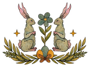 Paskalya tavşanları kompozisyonu. Çiçekli renkli tavşanlar. Dekoratif siluet. Boho ve vintage koleksiyonu. Dekoratif doğal tasarım. Beyazda izole edilmiş