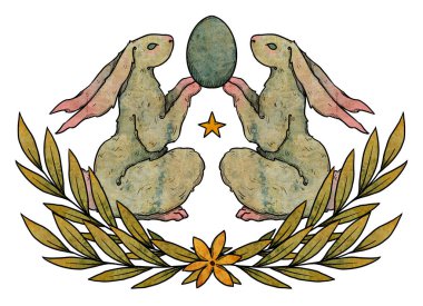 Paskalya tavşanları kompozisyonu. Yumurtalı renkli tavşanlar. Dekoratif siluet. Boho ve vintage koleksiyonu. Dekoratif doğal tasarım. Beyazda izole edilmiş