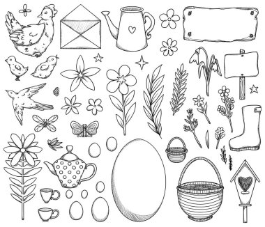 Bir dizi sanat eseri Paskalya çizimleri. Yumurtalar, kuşlar, tavuklar ve çiçekler. Beyaz arka planda farklı bahçıvanlık unsurları. Bahar ve yaz koleksiyonu. 