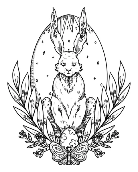 复活节兔子作曲 用彩蛋装饰兔子的线条艺术 装饰轮廓 Boho和古董收藏品 装饰自然的设计 与白种人隔离 — 图库照片