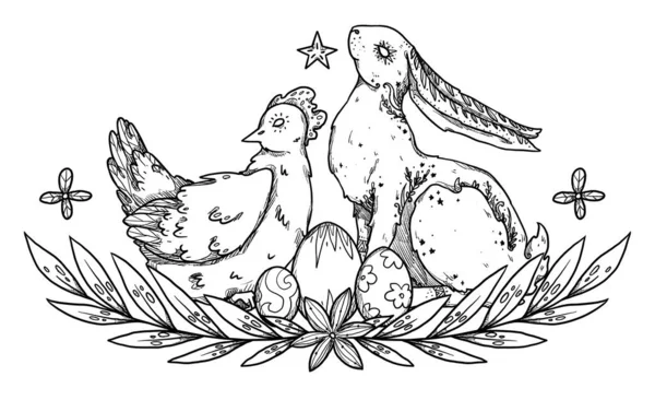 复活节兔子作曲 用鸡肉和鸡蛋装饰兔子的线条艺术 装饰轮廓 Boho和古董收藏品 装饰自然的设计 与白种人隔离 — 图库照片