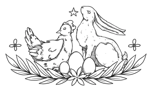 复活节兔子作曲 用鸡肉和鸡蛋装饰兔子的线条艺术 装饰轮廓 Boho和古董收藏品 装饰自然的设计 与白种人隔离 — 图库照片