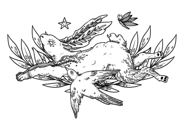 Paashaas Compositie Lijnkunst Van Konijn Met Vogel Vlinder Decoratief Silhouet — Stockfoto