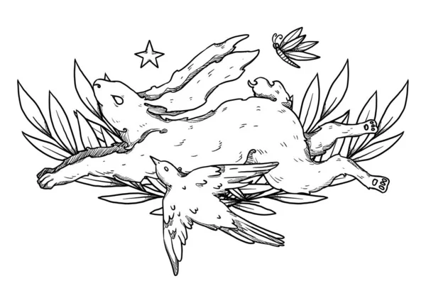 Kompozycja Króliczków Wielkanocnych Sztuka Linii Króliczka Ptakiem Motylem Dekoracyjna Sylwetka — Zdjęcie stockowe
