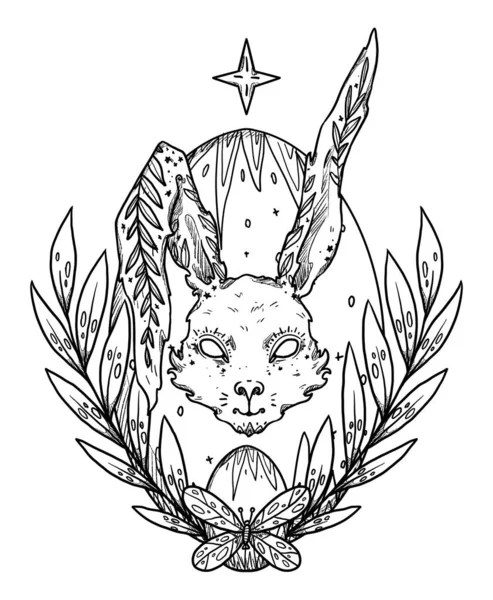 复活节兔子作曲 兔子肖像的线条艺术 装饰轮廓 Boho和古董收藏品 装饰自然的设计 与白种人隔离 — 图库照片