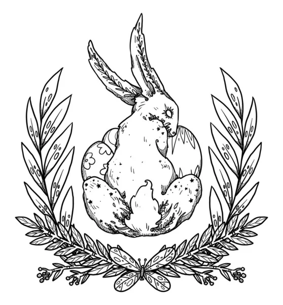 Композиция Пасхальных Кроликов Линия Кролика Яйцами Декоративный Силуэт Бохо Винтажная — стоковое фото