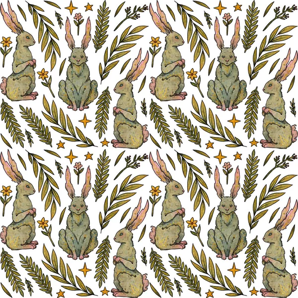 Velikonoční Zajíčci Bezproblémové Vzory Ručně Kreslené Barvy Zlaté Pružiny Přírodní — Stock fotografie