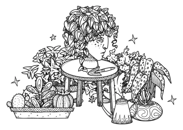 Домашние Растения Ручная Бегония Кактусы Оксалис Филодендрон Линейное Искусство Цветочный — стоковое фото