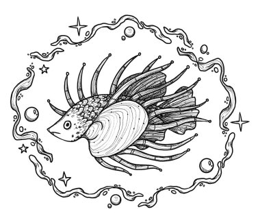 Fantezi balık çizimi. El yapımı sanat deniz hayatı. Su altı kabartma kompozisyonu. Vintage elementi. Wiccan ve pagan sanatı. Dekoratif bir doğa. Beyazda izole edilmiş