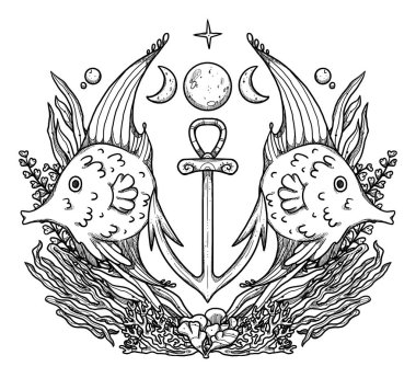 Fantezi balık çizimi. El yapımı sanat deniz hayatı. Su altı kabartma kompozisyonu. Vintage elementi. Wiccan ve pagan sanatı. Dekoratif bir doğa. Beyazda izole edilmiş