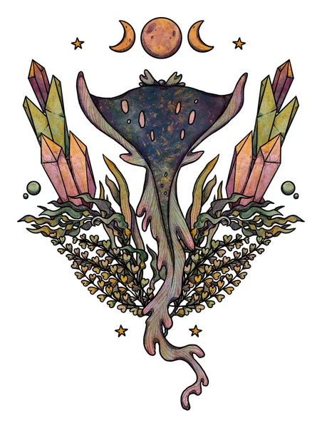 Фантастическая Иллюстрация Рыбы Цветной Морской Флоры Фауны Подводная Гравировка Винтажный — стоковое фото