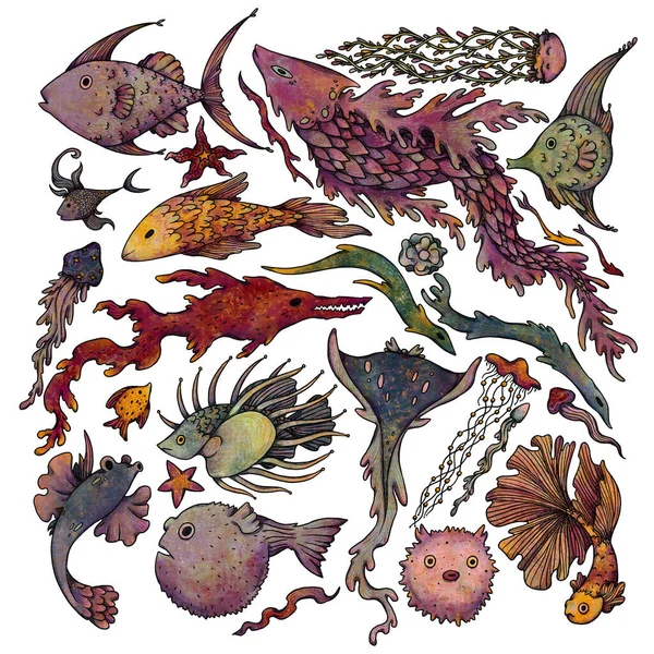 Strano Set Subacqueo Illustrazione Pesci Insoliti Colorati Disegnati Mano Composizione — Foto Stock