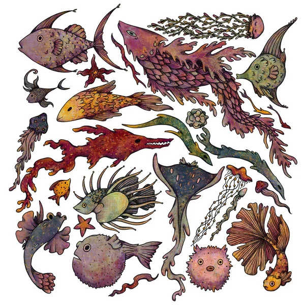 Zvláštní Podmořská Scéna Ručně Kreslené Barvy Zlaté Neobvyklé Rybí Ilustrace — Stock fotografie